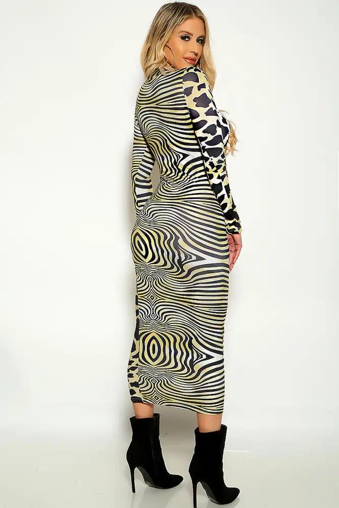 Tiger Long Sleeve Mock Neck Midi Party Dress - AMIClubwear