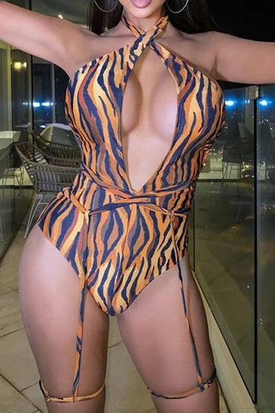 Tiger Print Garter Straps Sexy One Piece Sexy Swimsuit - AMIClubwear