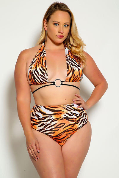 Tiger Print Halter O-Ring Strappy Plus Size Two Piece Swimsuit - AMIClubwear