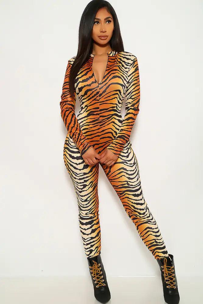 Tiger Print Long Sleeve Jumpsuit - AMIClubwear