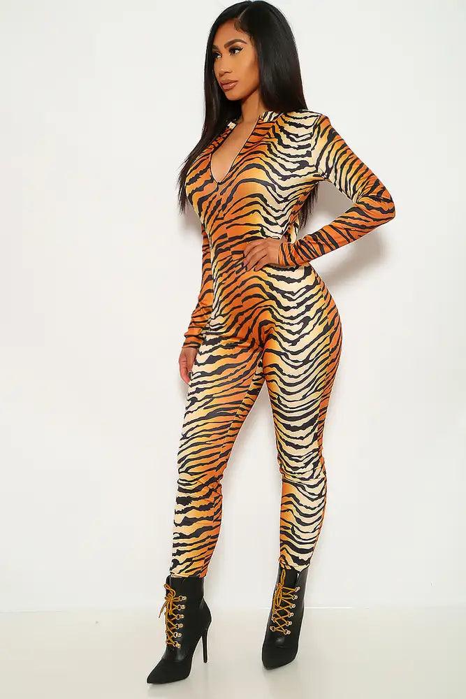 Tiger Print Long Sleeve Jumpsuit - AMIClubwear