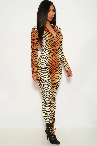 Tiger Print Long Sleeve Jumpsuit - AMIClubwear