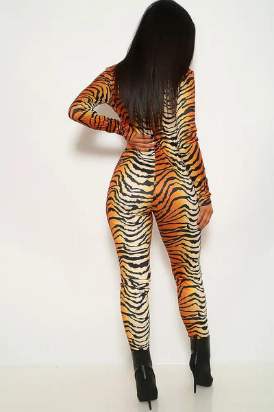 Tiger Print Long Sleeve Jumpsuit - AMIClubwear