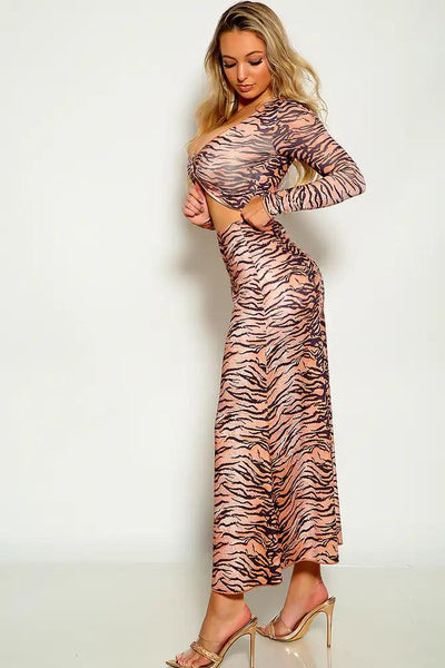 Tiger Print Long Sleeve O-Ring Maxi Two Piece Dress - AMIClubwear