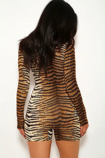 Tiger Print Long Sleeve Romper - AMIClubwear