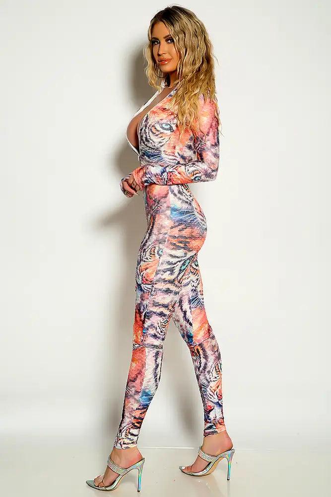 Tiger Print Long Sleeve Textured Fitted Jumpsuit - AMIClubwear