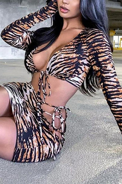 Tiger Print Long Sleeves Two Piece Dress - AMIClubwear