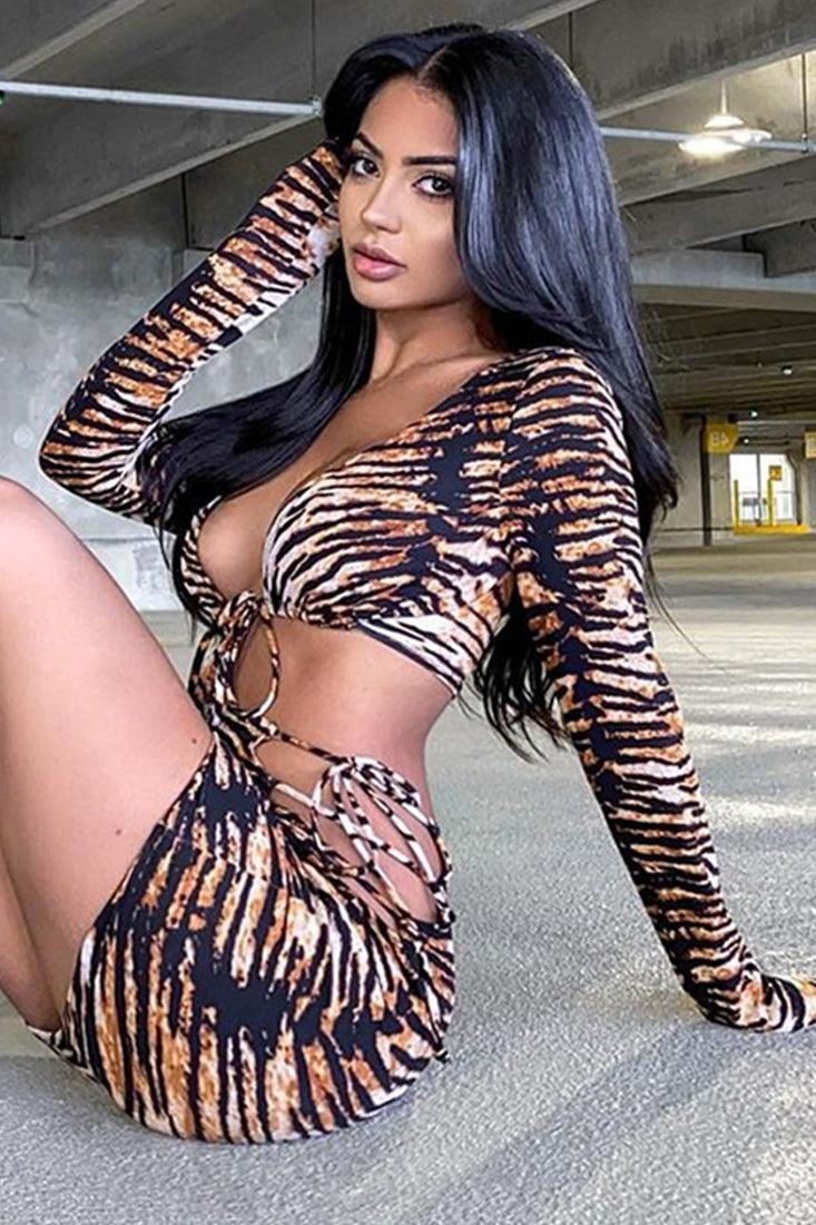 Tiger Print Long Sleeves Two Piece Dress - AMIClubwear