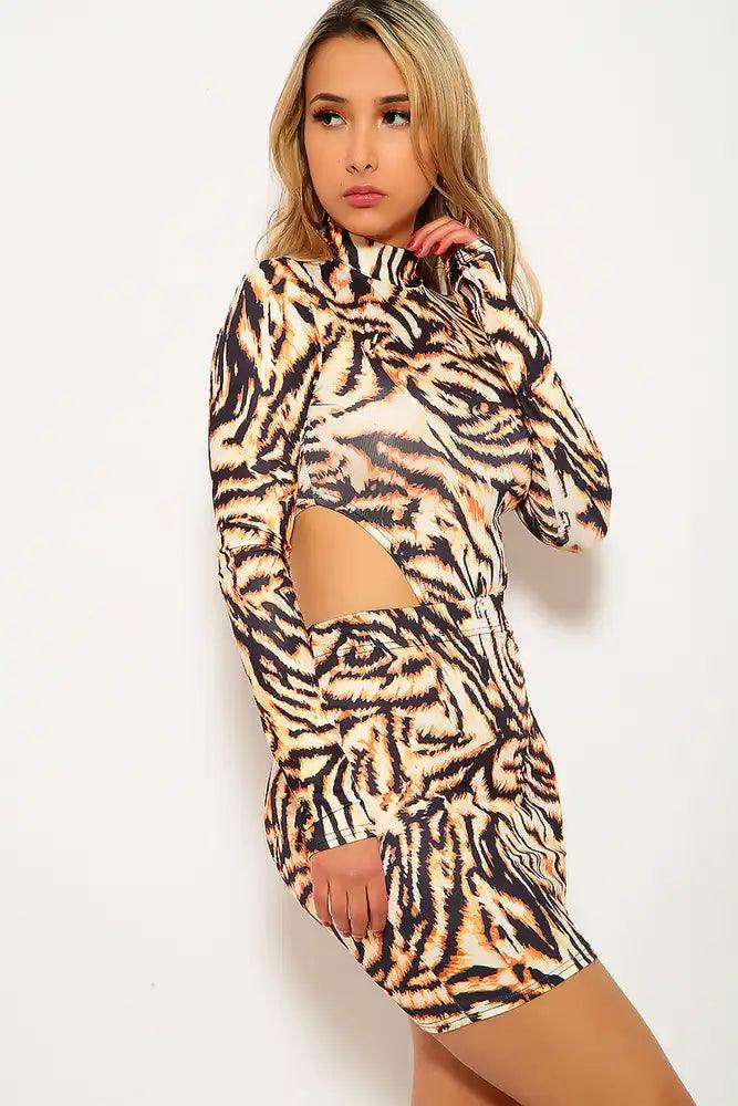 Tiger Print Mock Neck Two Piece Dress - AMIClubwear