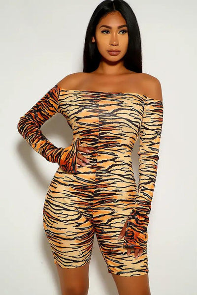 Tiger Print Off The Shoulder Romper - AMIClubwear