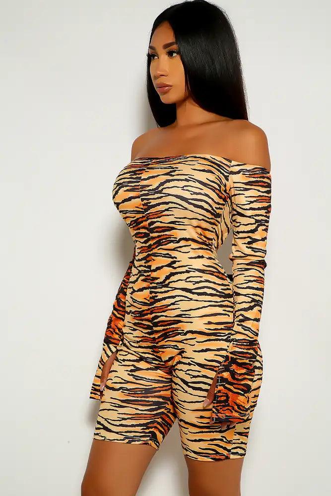 Tiger Print Off The Shoulder Romper - AMIClubwear