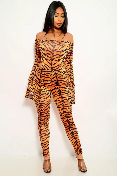 Tiger Print Off The Shoulder Two Piece Outfit - AMIClubwear