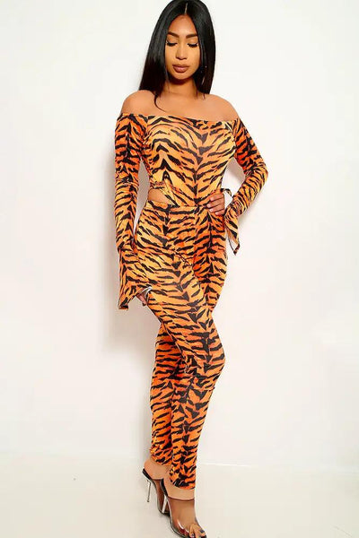 Tiger Print Off The Shoulder Two Piece Outfit - AMIClubwear