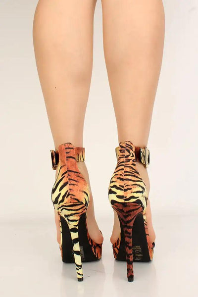 Tiger Print Open Toe High Heels - AMIClubwear