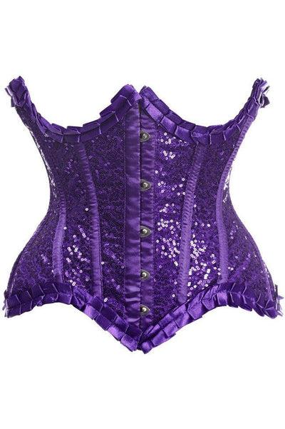 Top Drawer Purple Satin & Sequin Underwire Curvy Cut Steel Boned Waist Cincher Corset - AMIClubwear