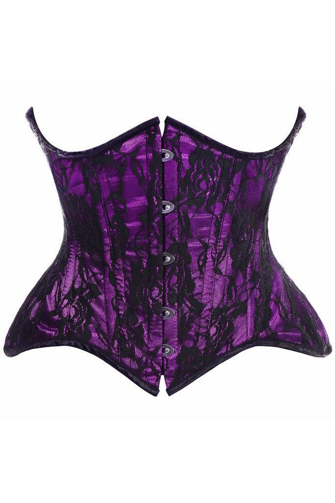 Top Drawer Purple w/Black Lace Double Steel Boned Curvy Cut Waist Cincher Corset - AMIClubwear