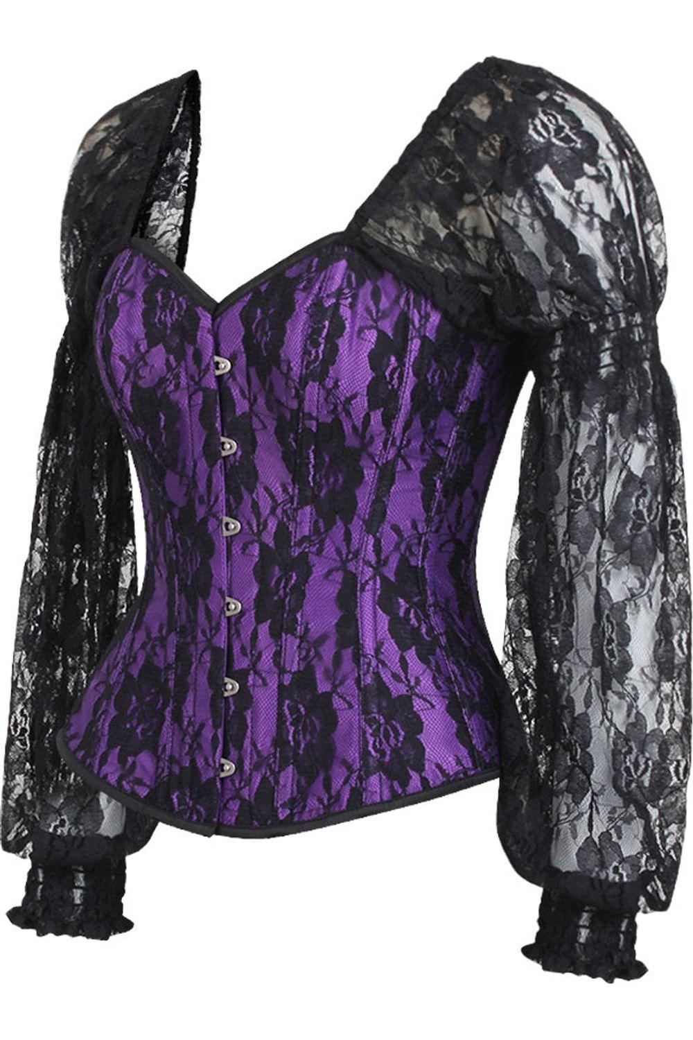 Top Drawer Purple w/Black Lace Steel Boned Long Sleeve Corset - AMIClubwear