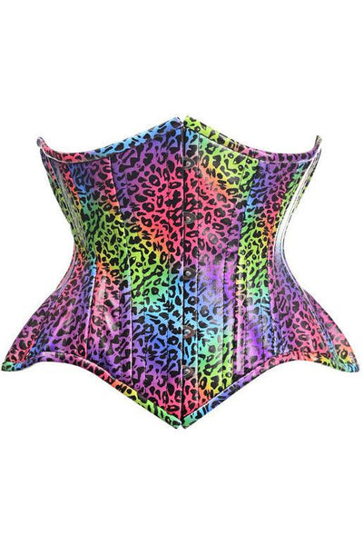 Top Drawer Rainbow Leopard Print Double Steel Boned Curvy Cut Underbust Cincher Corset - AMIClubwear