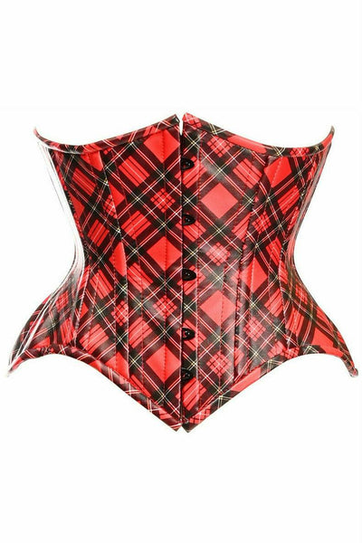 Top Drawer Red Plaid Faux Leather Double Steel Boned Curvy Cut Waist Cincher Corset - AMIClubwear