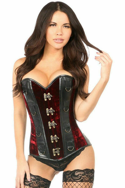 Top Drawer Red Velvet & Faux Leather Steel Boned Corset - AMIClubwear