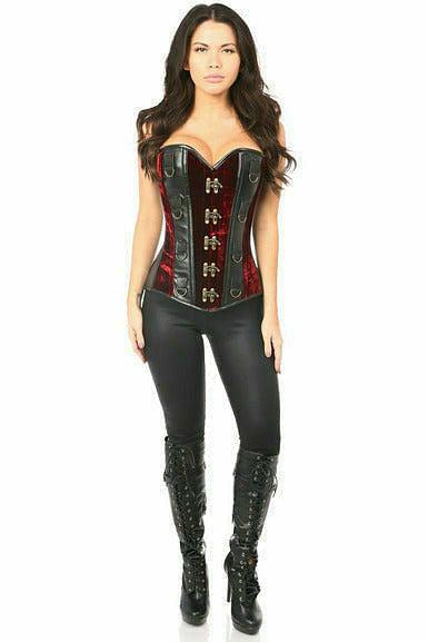Top Drawer Red Velvet & Faux Leather Steel Boned Corset - AMIClubwear