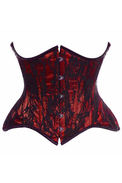 Top Drawer Red w/Black Lace Double Steel Boned Curvy Cut Waist Cincher Corset - AMIClubwear