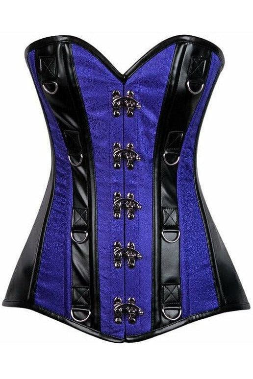 Top Drawer Royal Blue Brocade & Faux Leather Steel Boned Corset - AMIClubwear