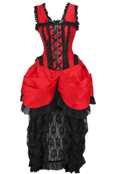 Top Drawer Steel Boned Red/Black Lace Victorian Bustle Corset Dress - AMIClubwear