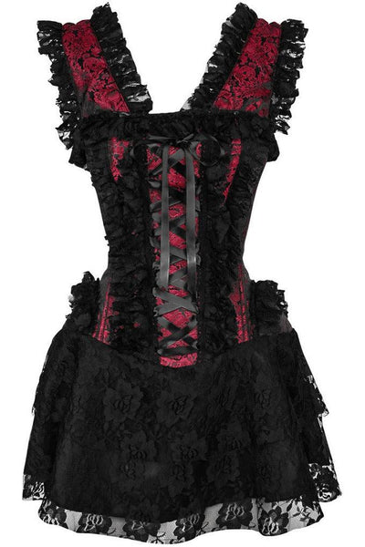 Top Drawer Steel Boned Red/Black Lace Victorian Corset Dress - AMIClubwear