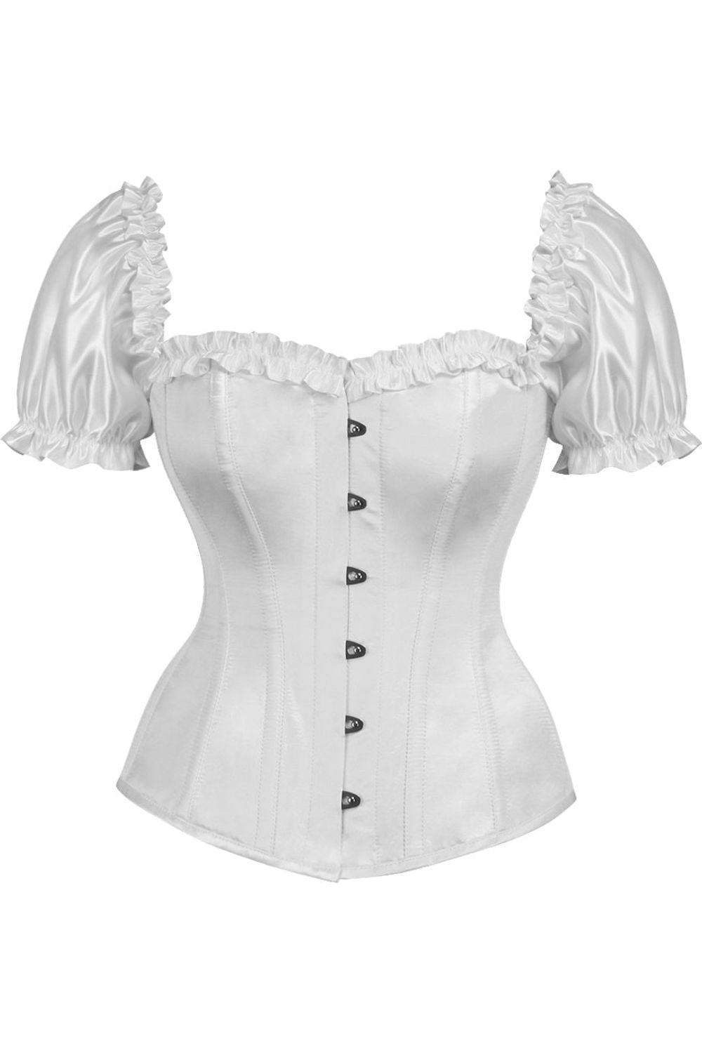 Daisy Corsets Top Drawer Steel Boned White Satin Overbust Corset w/Sleeves  – AMIClubwear