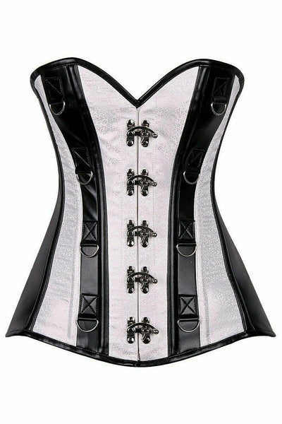 Top Drawer White Brocade & Faux Leather Steel Boned Corset - AMIClubwear