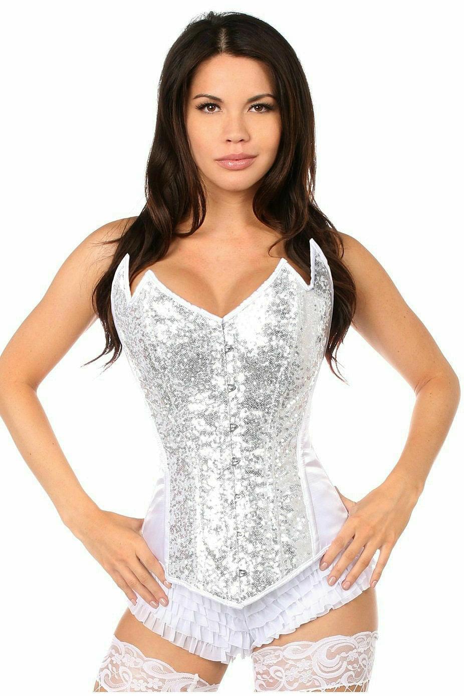 Top Drawer White/Silver Sequin Pointed Top Steel Boned Corset - AMIClubwear
