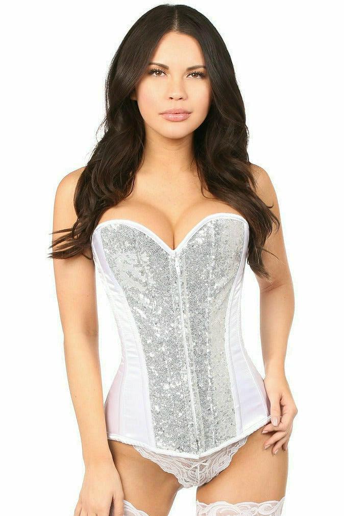 Top Drawer White/Silver Sequin Steel Boned Corset - AMIClubwear