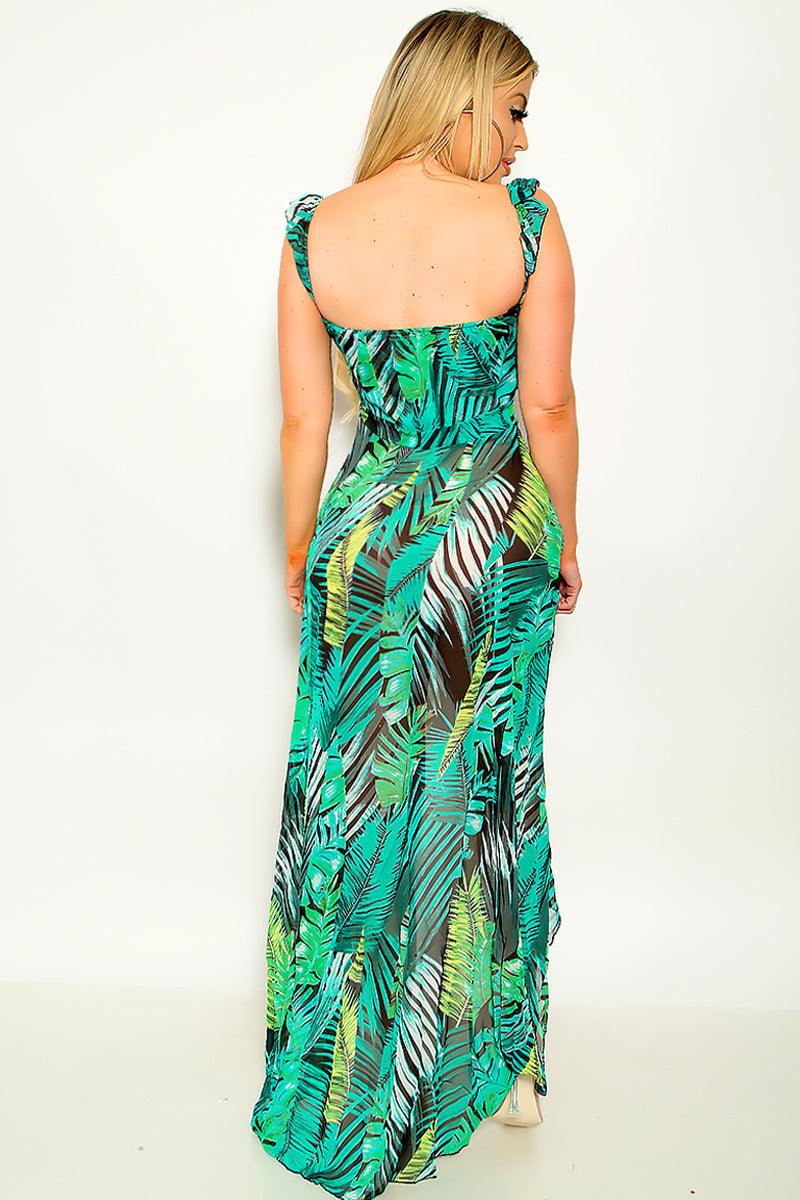 Tropical Green Sheer High Slit Sexy Maxi Party Dress - AMIClubwear