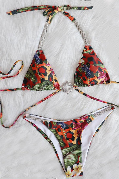 Tropical Rainbow Leopard Print Rhinestone Sexy Bikini - AMIClubwear