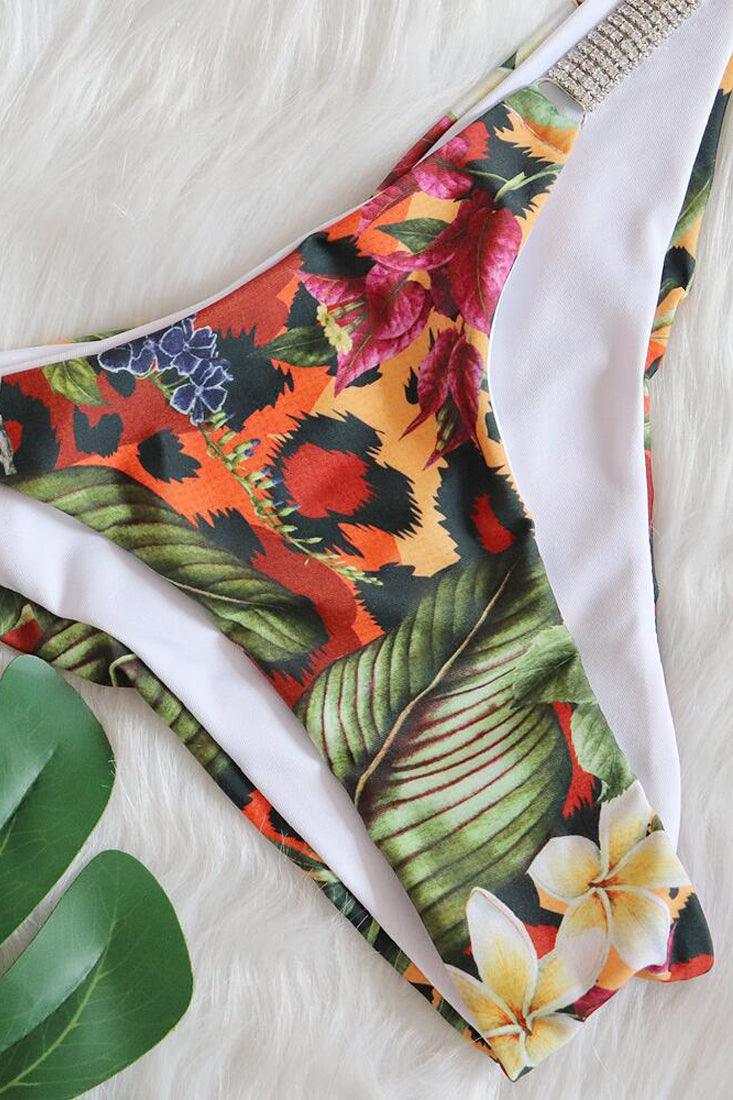 Tropical Rainbow Leopard Print Rhinestone Sexy Bikini - AMIClubwear