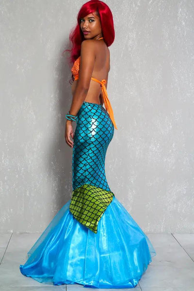 Turquoise Black Scalloped Print Mermaid Tail Two Piece Mermaid Costume - AMIClubwear