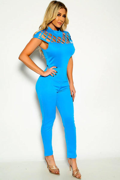 Turquoise Cut Out Mock Neck Zip Up Jumpsuit - AMIClubwear