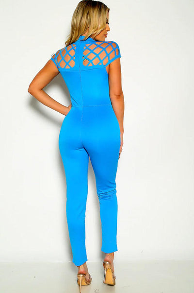 Turquoise Cut Out Mock Neck Zip Up Jumpsuit - AMIClubwear