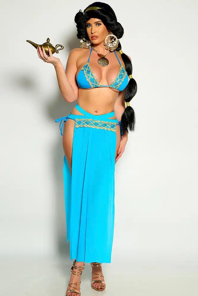 Turquoise Gold Embroidered Trim Detail High Cut Princess Jas 3 Piece Costume - AMIClubwear