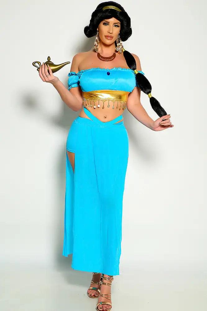 Turquoise Gold Off The Shoulder Fringe Princess Jas 3 Piece Costume - AMIClubwear