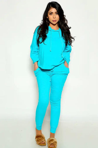 Turquoise Long Sleeve Hooded Lounge Wear Two Piece Outfit - AMIClubwear