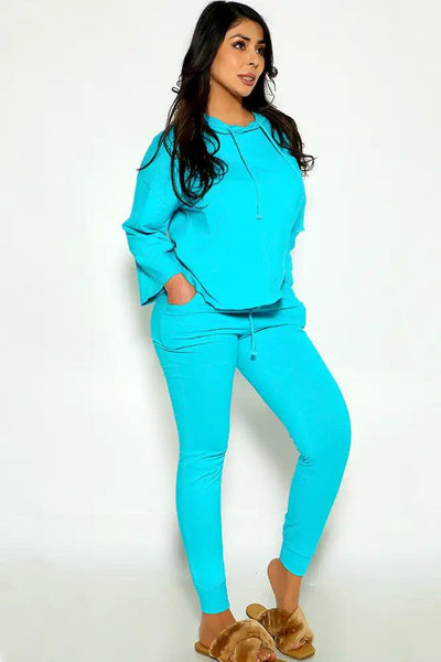Turquoise Long Sleeve Hooded Lounge Wear Two Piece Outfit - AMIClubwear