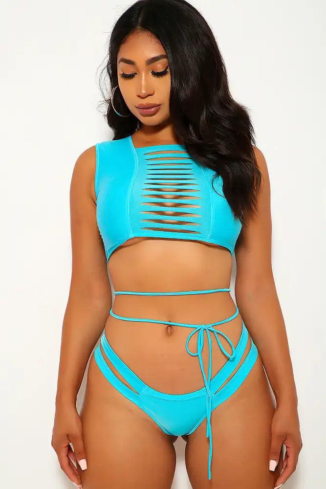 Turquoise Strappy Cut Out Two Piece Swimsuit - AMIClubwear