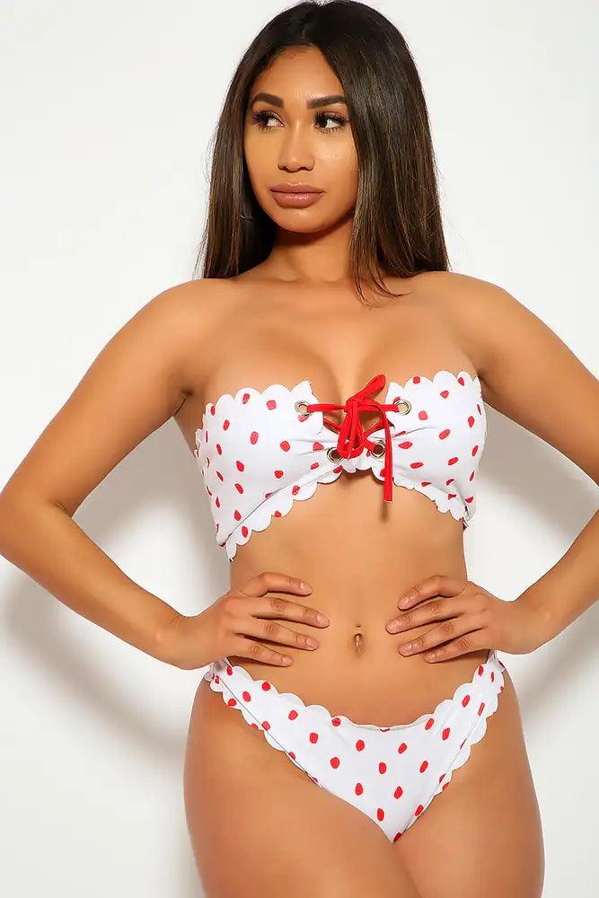 Two Piece White Red Polka Dot Swimsuit - AMIClubwear