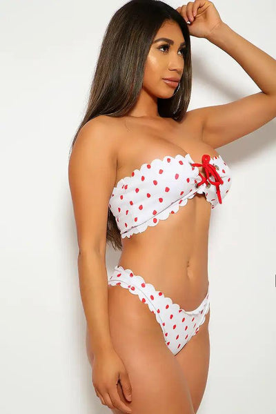 Two Piece White Red Polka Dot Swimsuit - AMIClubwear