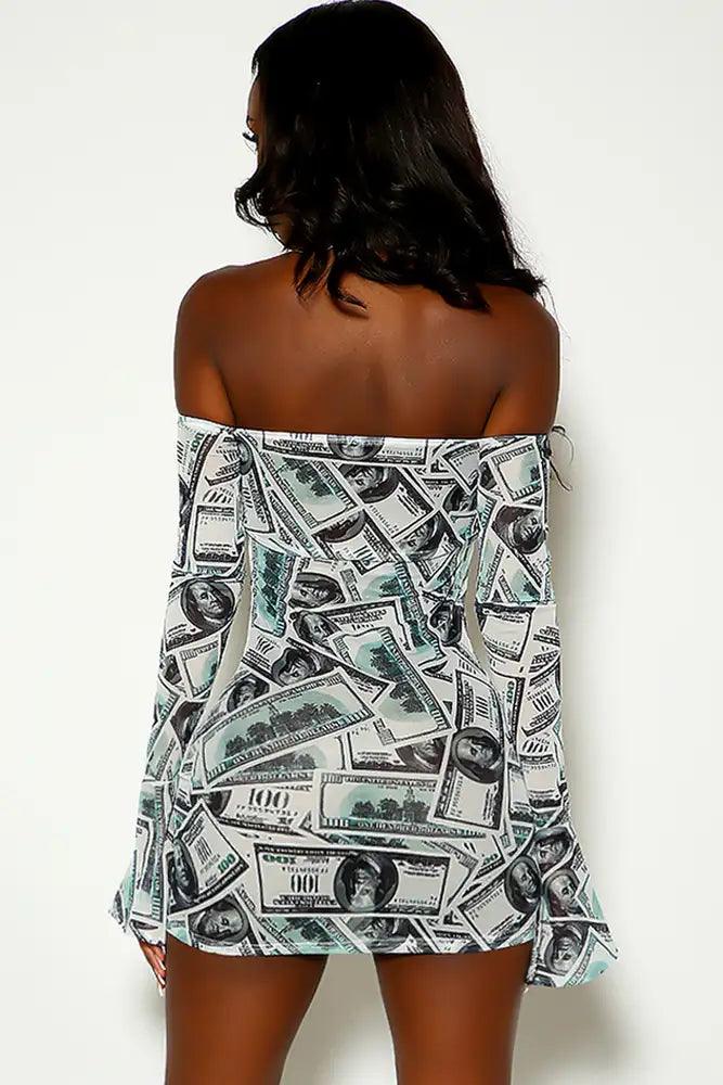 U.S Dollar Print Off The Shoulder Mesh Part Dress - AMIClubwear