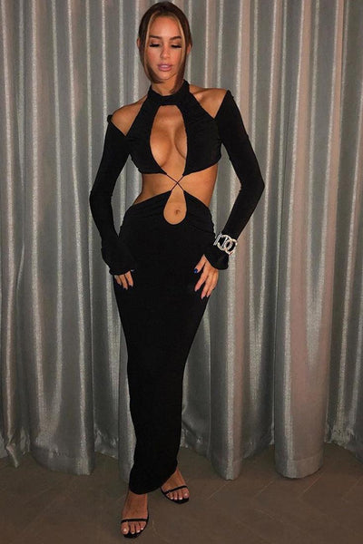 Ultra Sexy Long Sleeve Cutout Maxi Dress With Collar - AMIClubwear