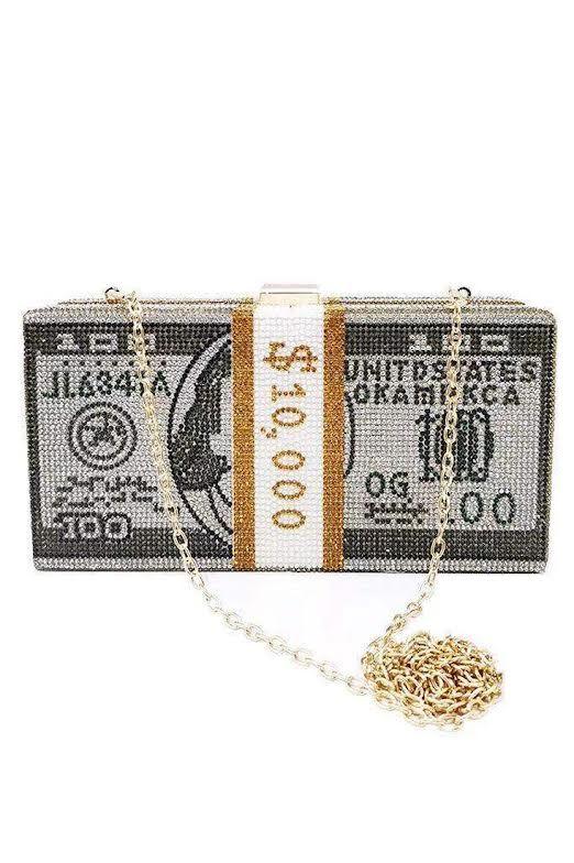 US Dollar Print Rhinestone High Polish Chain Shoulder Bag - AMIClubwear