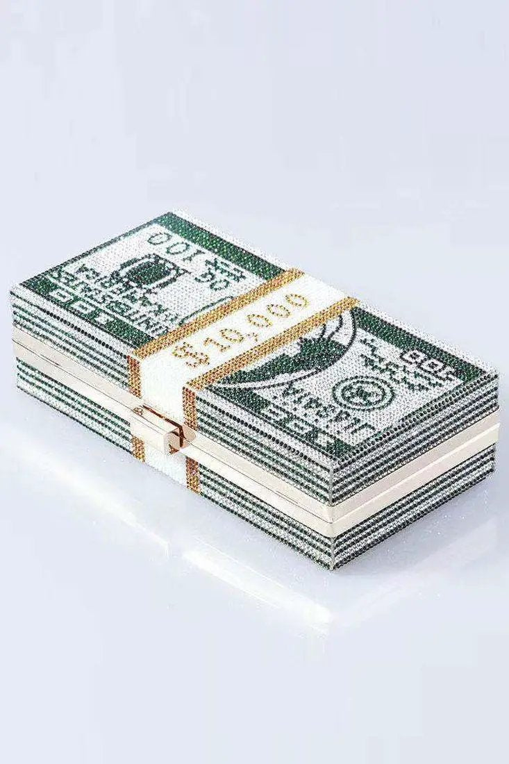 US Dollar Print Rhinestone High Polish Chain Shoulder Bag
